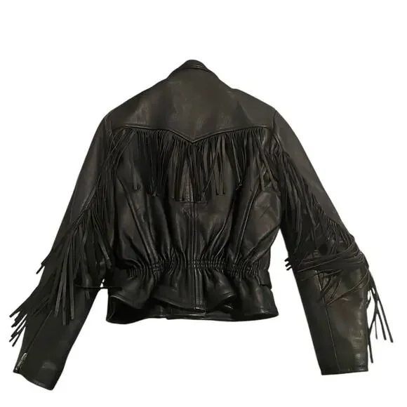 Black fringe vintage route 66 leather jacket - Picture 3 of 7